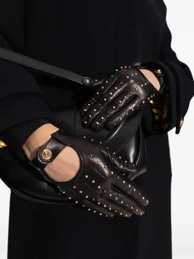 Versace Studded Leather Gloves In Black
