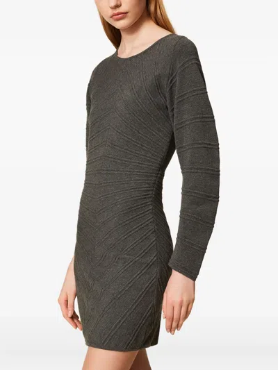 Twinset Short Knit Dress With Stitch Pattern In Gray