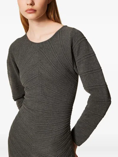 Twinset Short Knit Dress With Stitch Pattern In Gray