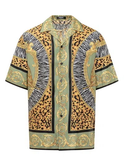 Versace Wild Cats Camp-collar Printed Silk-twill Shirt In Green
