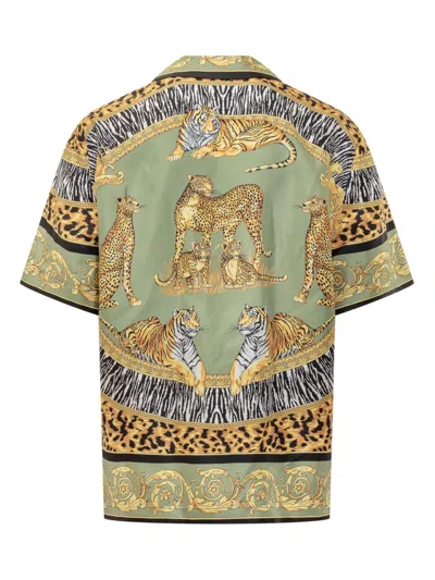 Versace Wild Cats Camp-collar Printed Silk-twill Shirt In Green