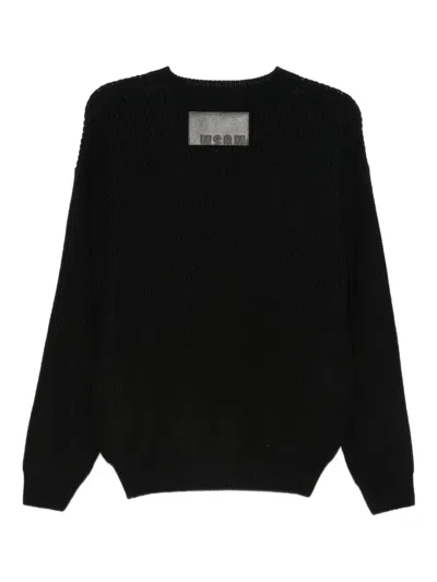 Msgm Knitted Sweater With Turquoise Stripe Hem Detail In Black