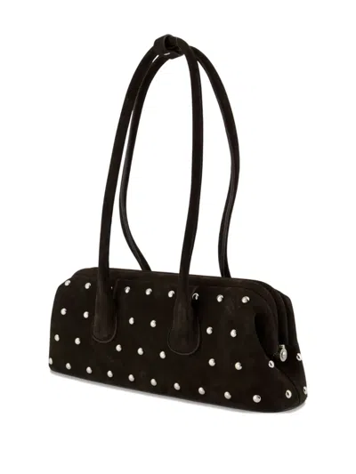 Osoi Boat Wide Mini Brown Shoulder Bag With Round Handles And Beaded Embellishment In Suede Woman In Black