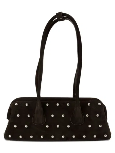 Osoi Boat Wide Mini Brown Shoulder Bag With Round Handles And Beaded Embellishment In Suede Woman In Black