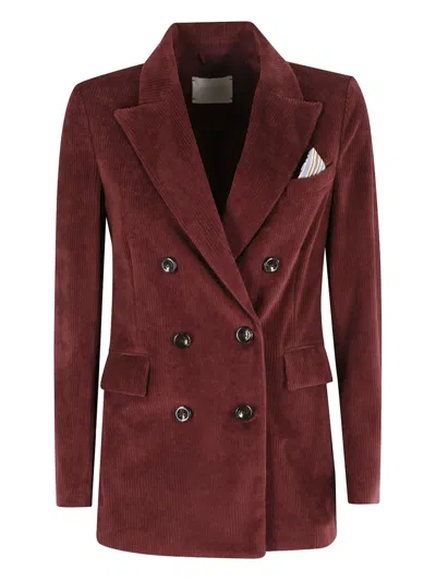 Circolo 1901 Structured Double-breasted Corduroy Jacket With Striped Pocket Square In Burgundy