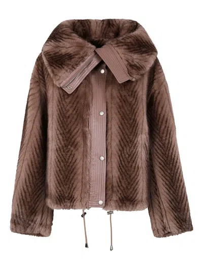 Drhope Herringbone-pattern Faux-fur Jacket In Brown