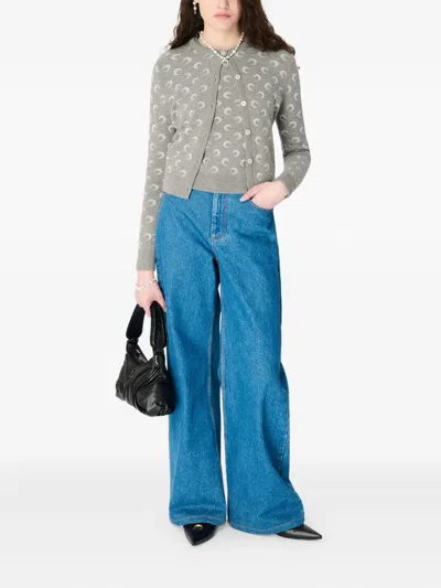 Marine Serre Crescent Moon Pattern Knit Cardigan In Gray