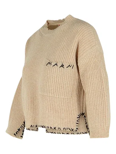 Marni Logo-embroidered Side-split Sweater In Neutral