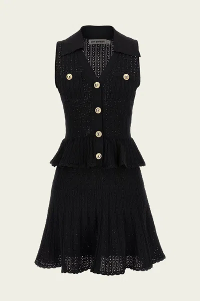 Self-portrait Pointelle-knit Mini Dress With Flap Pockets And Chain-link Accents In Black