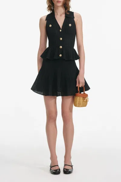 Self-portrait Pointelle-knit Mini Dress With Flap Pockets And Chain-link Accents In Black