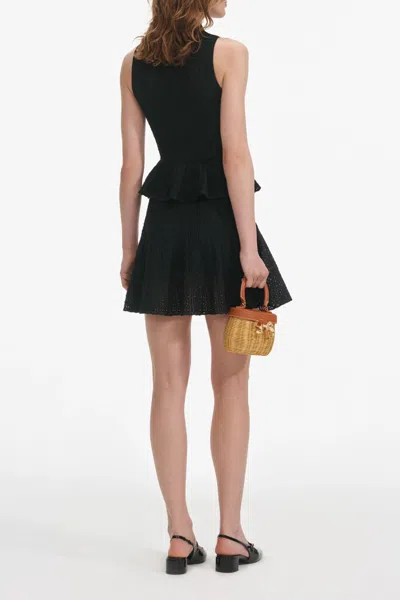 Self-portrait Pointelle-knit Mini Dress With Flap Pockets And Chain-link Accents In Black