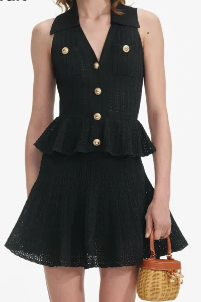 Self-portrait Pointelle-knit Mini Dress With Flap Pockets And Chain-link Accents In Black