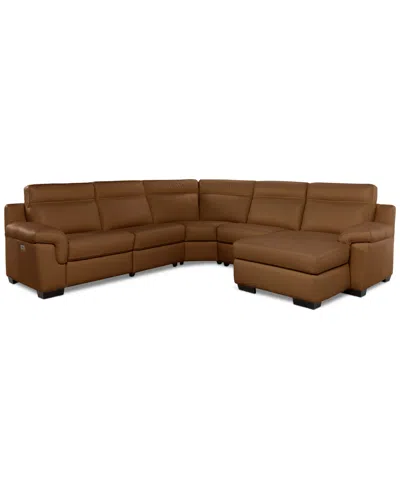 Macy's Julius Ii 5-pc. Leather Chaise Sectional With 1 Power Recliner,  Exclusive In Brown