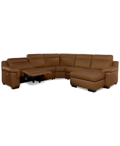 Macy's Julius Ii 5-pc. Leather Chaise Sectional With 1 Power Recliner,  Exclusive In Brown