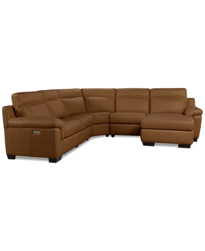 Macy's Julius Ii 5-pc. Leather Chaise Sectional With 1 Power Recliner,  Exclusive In Brown