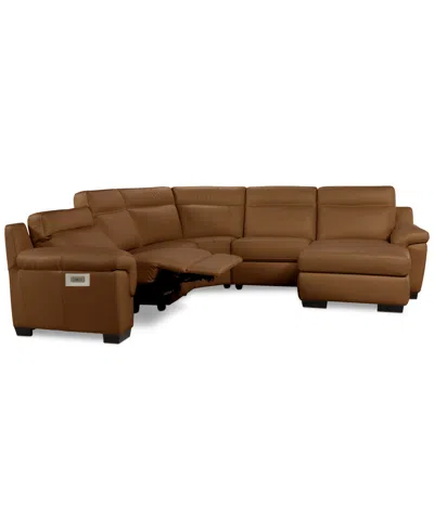 Macy's Julius Ii 5-pc. Leather Chaise Sectional With 1 Power Recliner,  Exclusive In Brown
