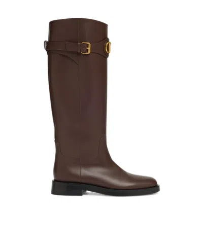 Valentino Garavani Leather Signature Vlogo Riding Boots 30 In Brown
