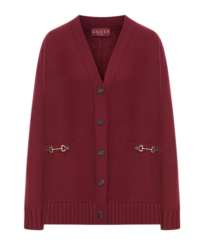 Gucci Women Bordeaux V-neck Cardigan With Metal Clamps On The Front In Wool And Cashmere Blend Woman In Red