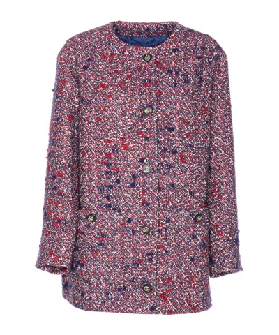 Gucci Multicolor Crewneck Jacket With Gg Logo On The Buttons In Wool Blend Woman In Pink