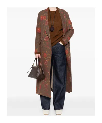 Uma Wang Floral Pomegranate Print Coat With Welt Pockets In Brown