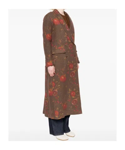 Uma Wang Floral Pomegranate Print Coat With Welt Pockets In Brown