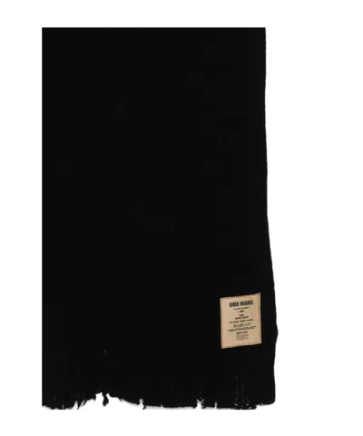 Uma Wang Ribbed Rectangular Scarf Frayed Edges In Black