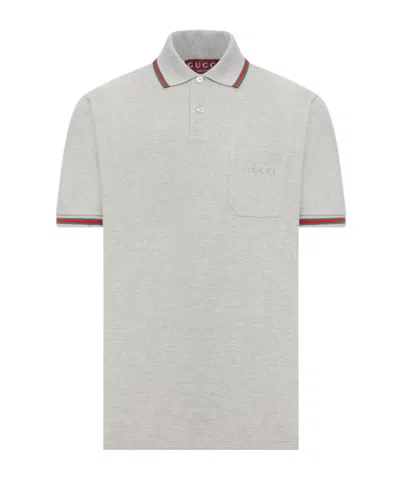 Gucci Grey Polo Shirt With Web Details And Logo Lettering On The Front In Wool Blend Man In Gray