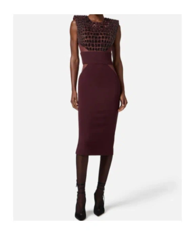 Elisabetta Franchi Fitted Midi Dress With Glossy Embellishments In Brown