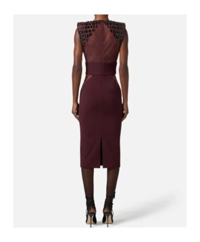Elisabetta Franchi Fitted Midi Dress With Glossy Embellishments In Brown