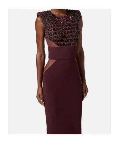 Elisabetta Franchi Fitted Midi Dress With Glossy Embellishments In Brown