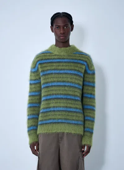 Marni Crew Neck Fuzzy Striped Sweater In Green