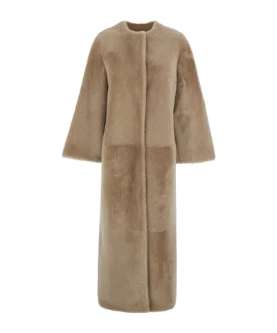 Yves Salomon Round-neckline Concealed-fastening Coat In Neutral