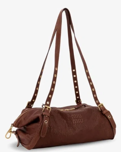 Miu Miu Nappa Leather Bag With Embossed Logo Lettering In Brown