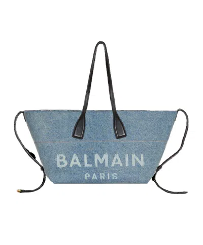 Balmain Track Shoulder Bag In Denim And Calfskin Leather In Blue