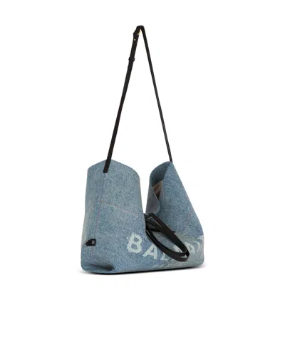 Balmain Track Shoulder Bag In Denim And Calfskin Leather In Blue