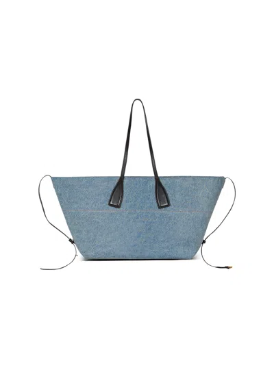 Balmain Track Shoulder Bag In Denim And Calfskin Leather In Blue