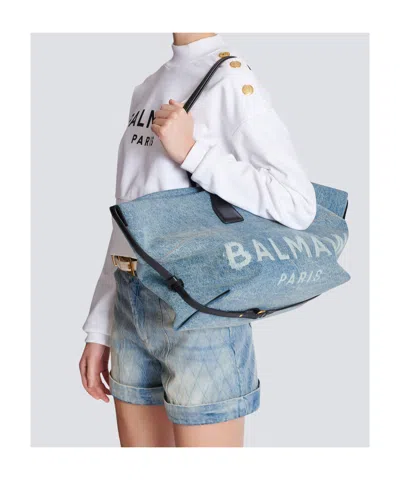 Balmain Track Shoulder Bag In Denim And Calfskin Leather In Blue