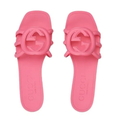 Gucci 10mm Interlocking G Canvas Slide Sandals In Pink