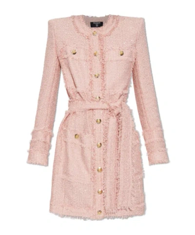 Balmain Sequinned Tweed Edge-to-edge Jacket In Pink