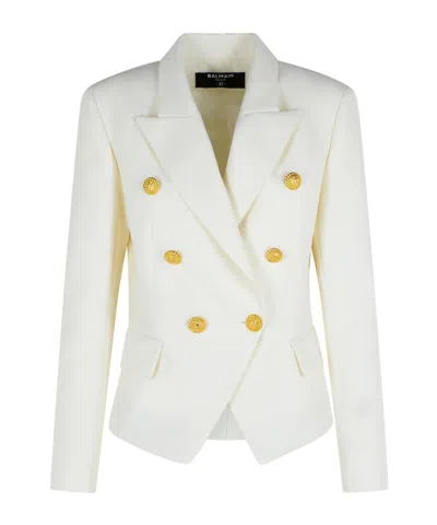 Balmain Double-breasted Structured Denim Blazer With Peak Lapel In White
