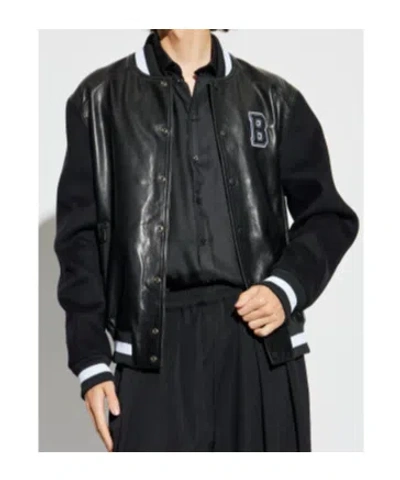 Balmain Varsity Lambskin Leather And Wool Jacket In Black