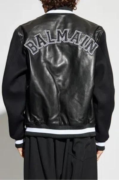 Balmain Varsity Lambskin Leather And Wool Jacket In Black