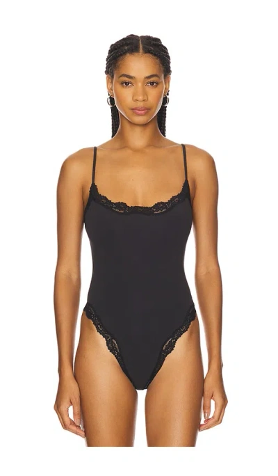 Skims Fits Everybody Lace-trimmed Stretch-jersey Thong Bodysuit In Onyx