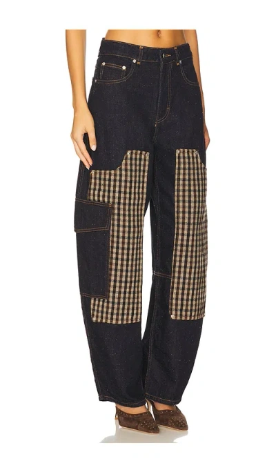 Ganni Checkered Patch Cargo Jeans In Black