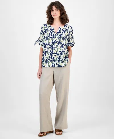 Charter Club Women's 100% Linen Floral-print Tie-sleeve Top, Macy's Exclusive In Blue