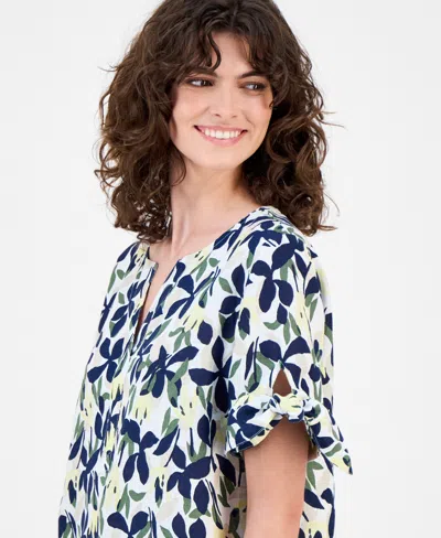 Charter Club Women's 100% Linen Floral-print Tie-sleeve Top, Macy's Exclusive In Blue