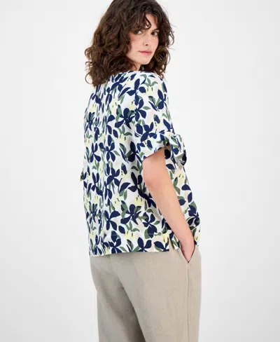 Charter Club Women's 100% Linen Floral-print Tie-sleeve Top, Macy's Exclusive In Blue