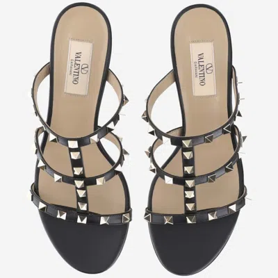 Valentino Garavani Rockstud Calfskin Leather Slide Sandal 60 Mm Woman Marine 39 In Black