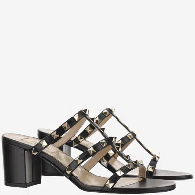 Valentino Garavani Rockstud Calfskin Leather Slide Sandal 60 Mm Woman Marine 39 In Black