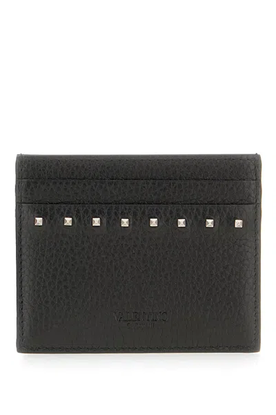 Valentino Garavani Leather Card Holder With Textured Finish And Studded Design In Black